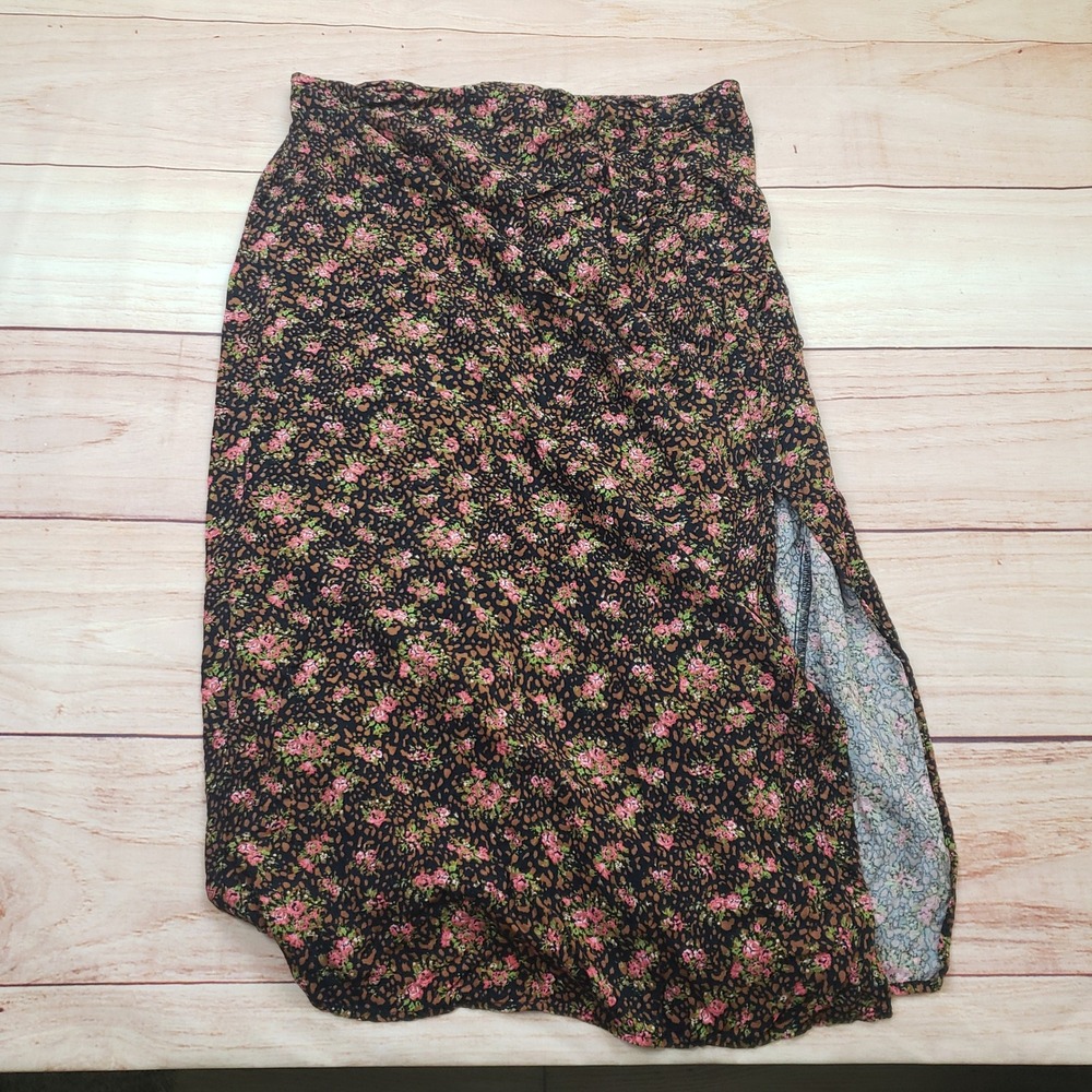 Miss Selfridge Womens Floral Midi Skirt US 12 UK 16 Side Slit Black Pink Ladies